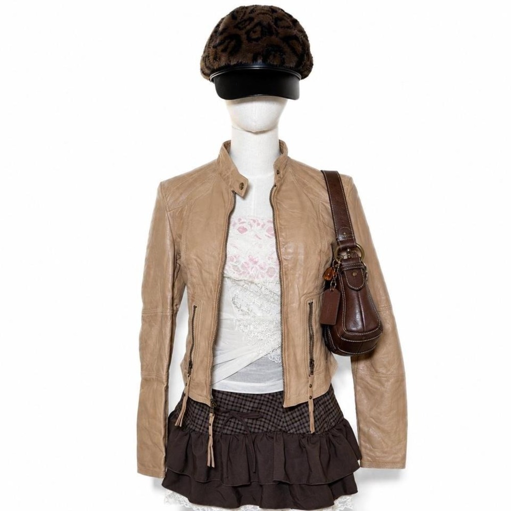 Y2k vintage genuine leather beige/tan moto jacket